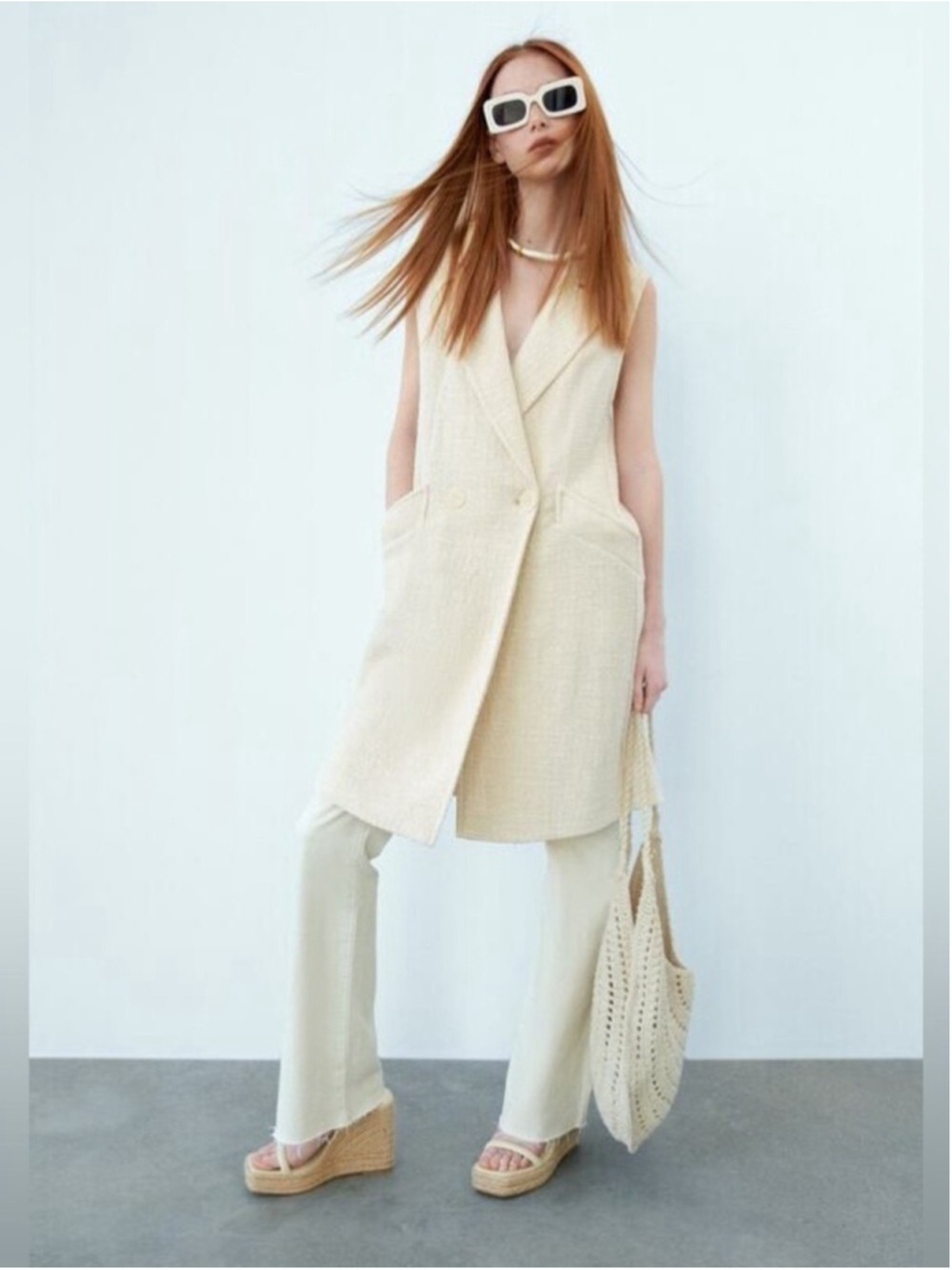 NWT ZARA Cream Tweed Textured Long Waistcoat Size M